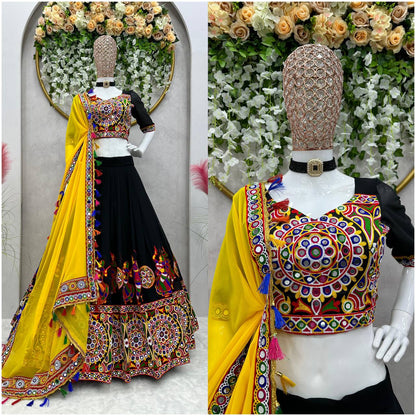 RangBhoomi Elegant Faux Georgette Mirror-Work Lehenga Set for Festive Celebrations