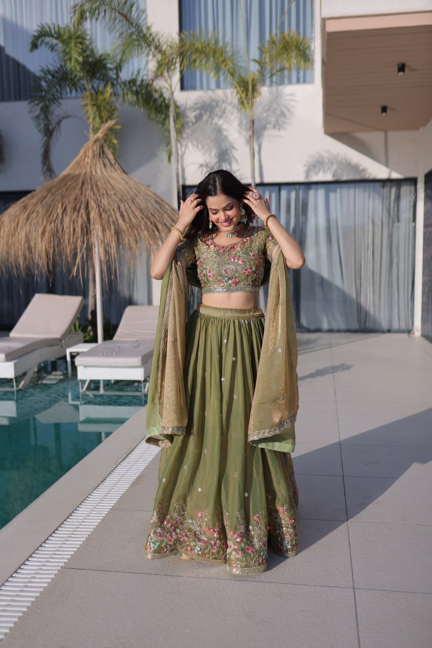 Elegant Lehenga Choli and Dupatta Ensemble in Fendi Silk with Multi-Thread Embroidery