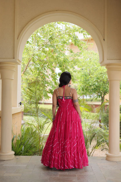 RangBhoomi Navratri Laheriya Patchwork Faux Georgette Gown - Sleeveless 56" Length, L (Adjustable 38-44)