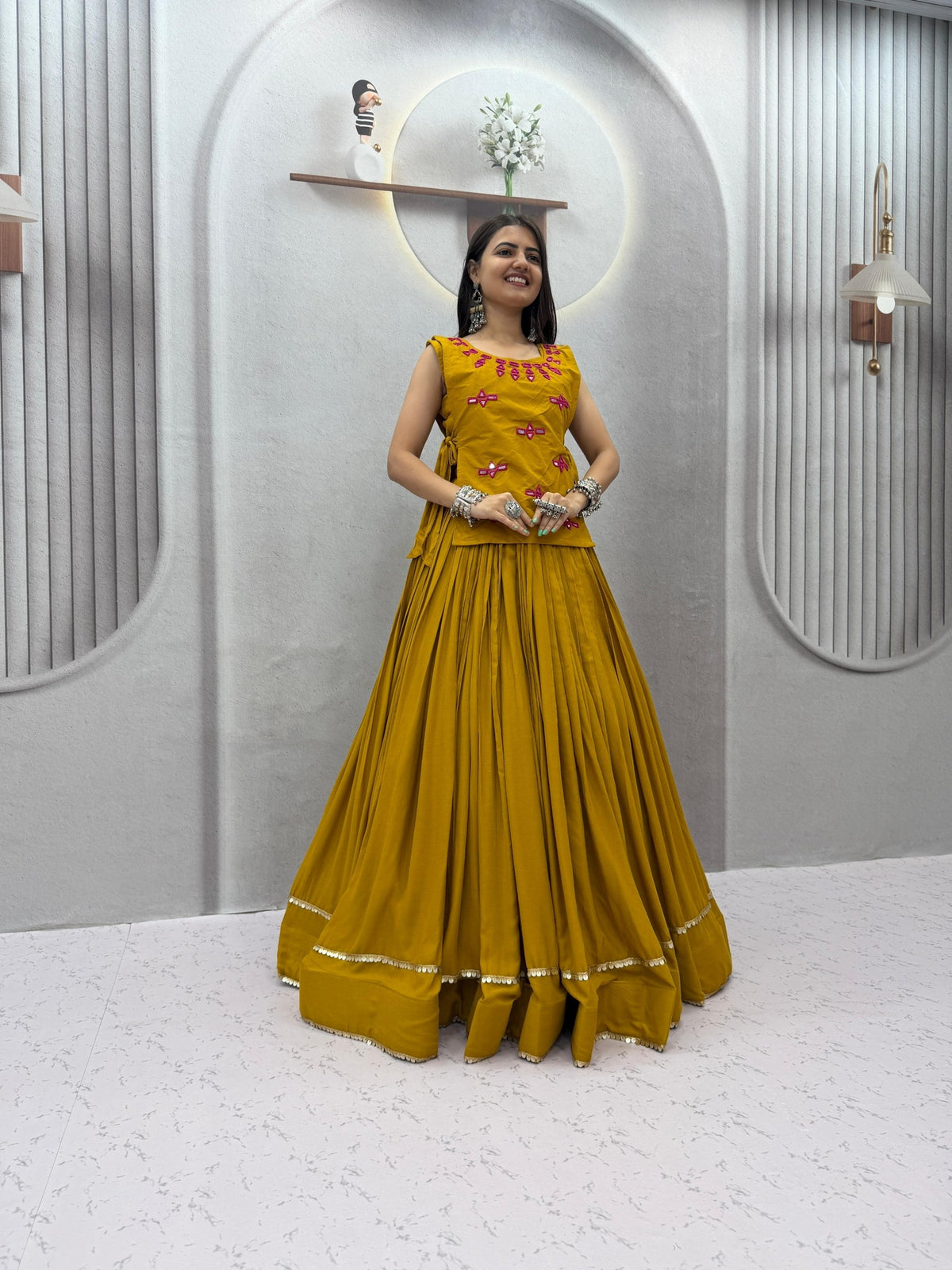 RangBhoomi Navratri Special Rion Cotton Lehenga Choli with Mirror Jacket - Fully Stitched, 6m Flair
