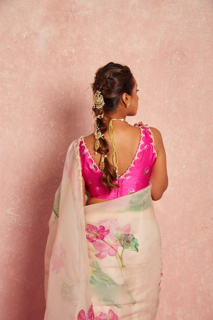 Elegant pink organza saree with floral print, ready-to-wear design.