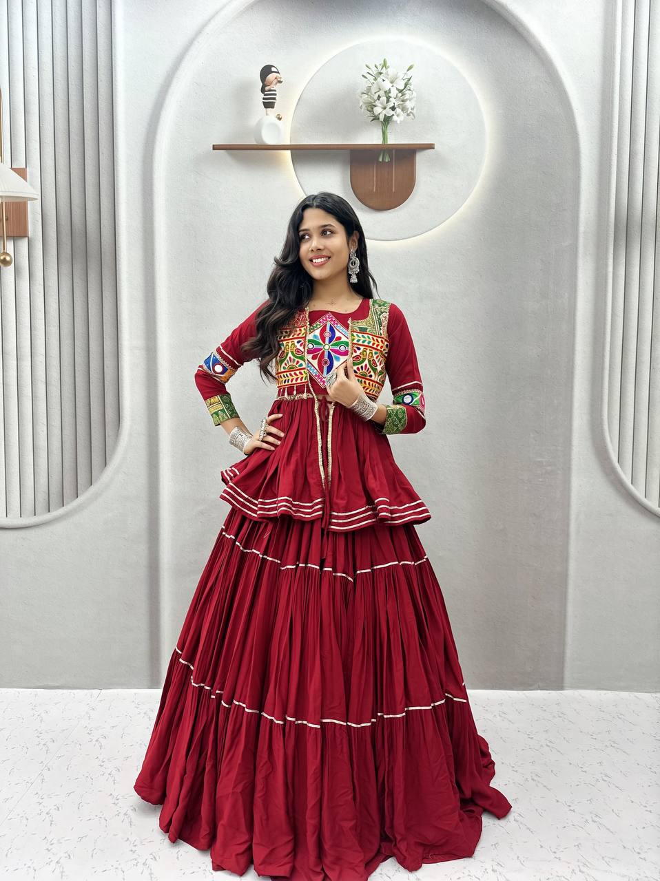 RangBhoomi Navratri Special Gamathi Work 9m Flair Pure Cotton Lehenga Choli - Fully Stitched