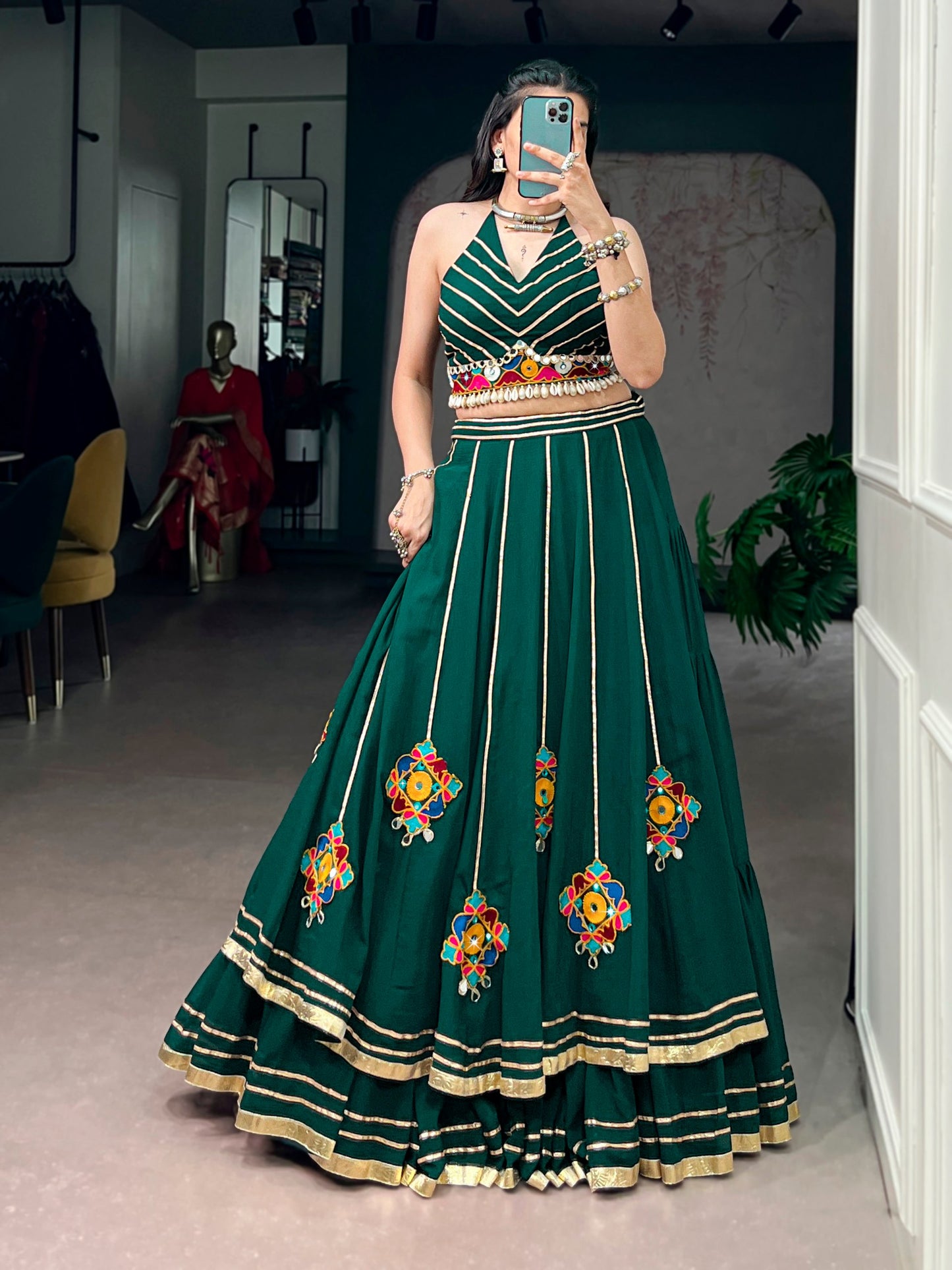 RangBhoomi Navratri Lehenga Choli Set – Lightweight Gamthi Work with Mirror & Shell Embellishments