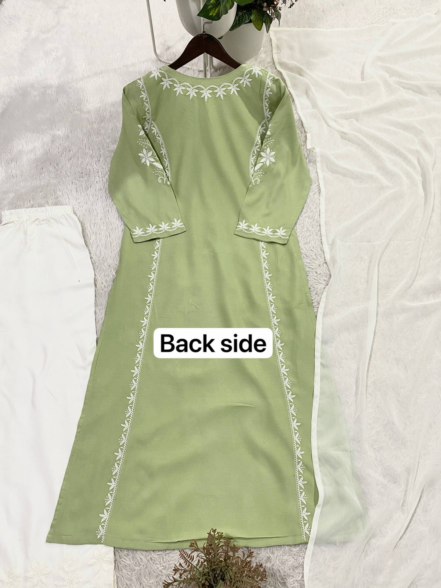 Elegant Summer Designer Chikankari Embroidered Rayon Top with Palazzo and Plain Georgette Dupatta Set