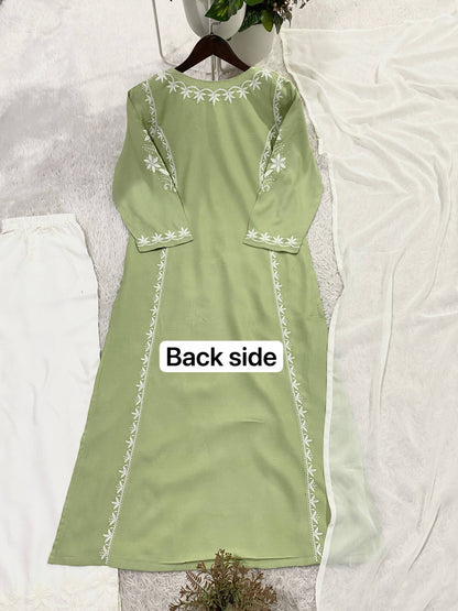 Elegant Summer Designer Chikankari Embroidered Rayon Top with Palazzo and Plain Georgette Dupatta Set