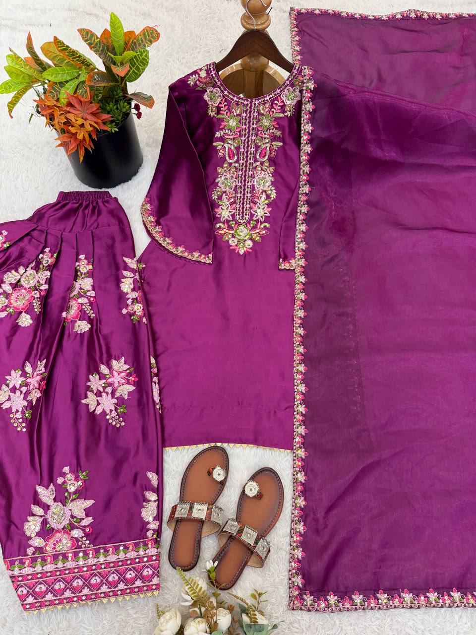 RangBhoomi Women's Premium Ethnic French Crepe Ensemble with Embroidered Thread Work, Full Sleeve Top, Farshi Pant, and GMY Silk Dupatta