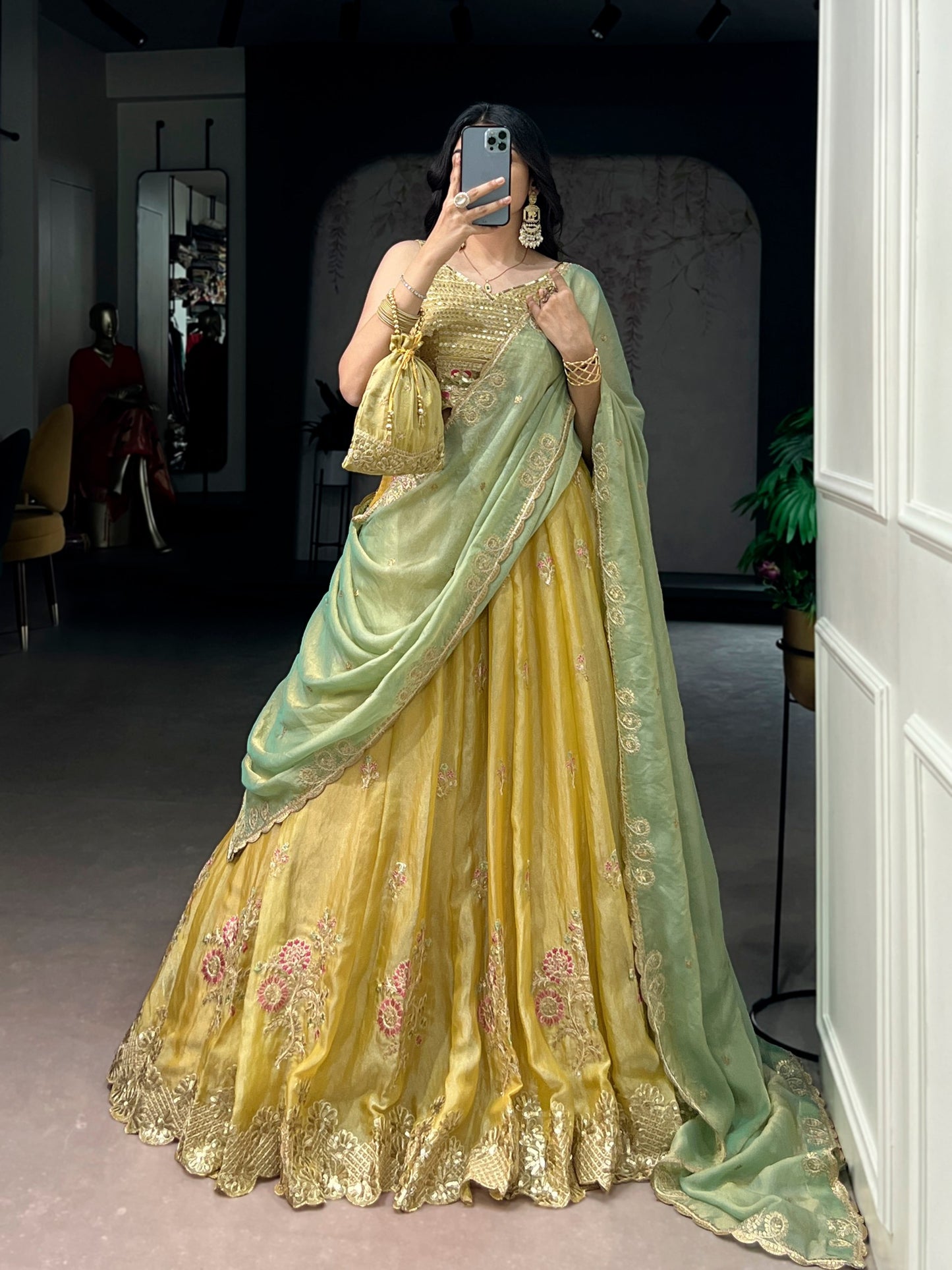 Sunlit Grace Embroidered Pastel Lehenga Set in NC Moss Silk with Sequins and Thread Work