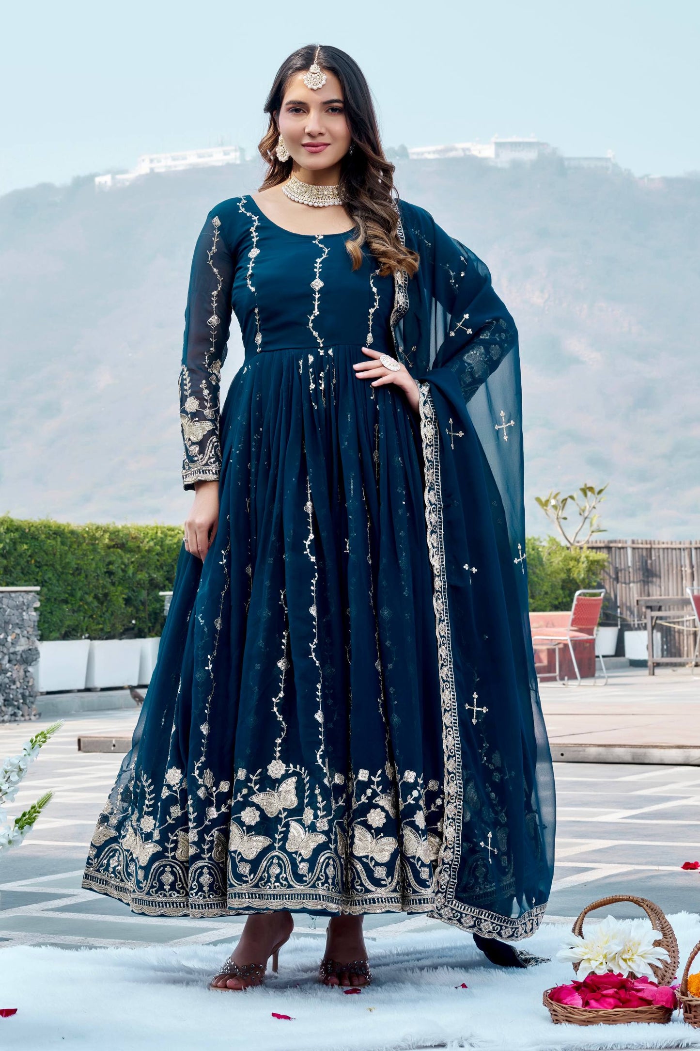 RangBhoomi Festival Long Gown with Matching Dupatta – Elegant Fox Georgette Ensemble with Heavy Sequin Embroidery