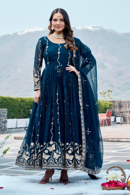 RangBhoomi Festival Long Gown with Matching Dupatta – Elegant Fox Georgette Ensemble with Heavy Sequin Embroidery