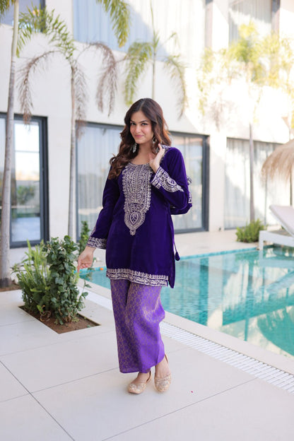 Ready-to-Wear Velvet Top and Pant Set with Embroidered Batwa from RangBhoomi Collection