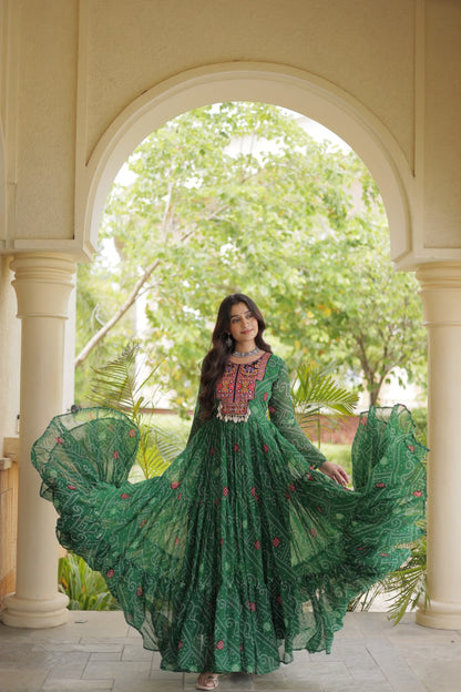 RangBhoomi Bandhani & Kutchi Patchwork Faux Georgette Gown — Festive Navratri Edition