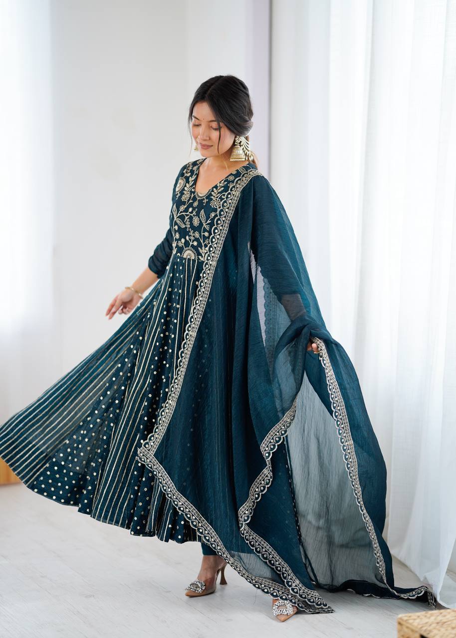 Festive Ready-to-Wear Fully Stitched Anarkali Gown Set with Embroidered Sequins and Lace-Trimmed Dupatta