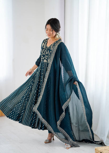 Festive Ready-to-Wear Fully Stitched Anarkali Gown Set with Embroidered Sequins and Lace-Trimmed Dupatta
