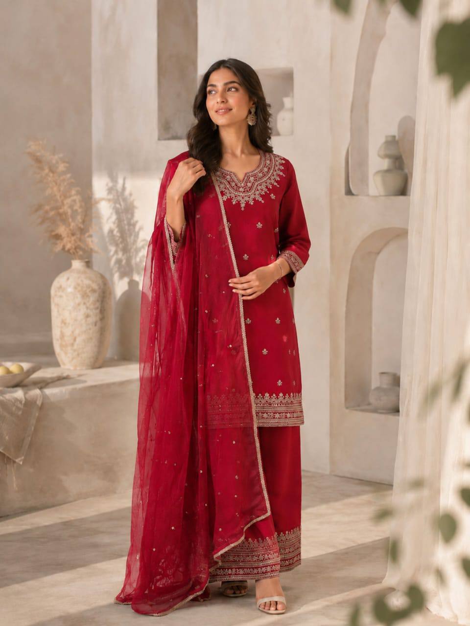 RangBhoomi Designer Festival Special Collection - Elegant Roman Silk Embroidered Ensemble with Palazzo and Decorative Dupatta