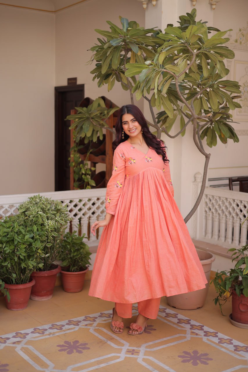 Premium Ready-to-Wear Embroidered Cotton Kurti with Matching Cotton Pants