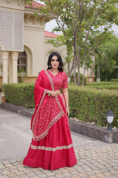 RangBhoomi Glory Satin Embroidered Lehenga Choli Set - Full-Stitched Lehenga with Designer Dupatta
