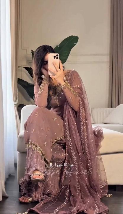 Elegant Combo Outfit Set for Adults and Kids with Embroidered Faux Georgette and Tissue Net Dupatta