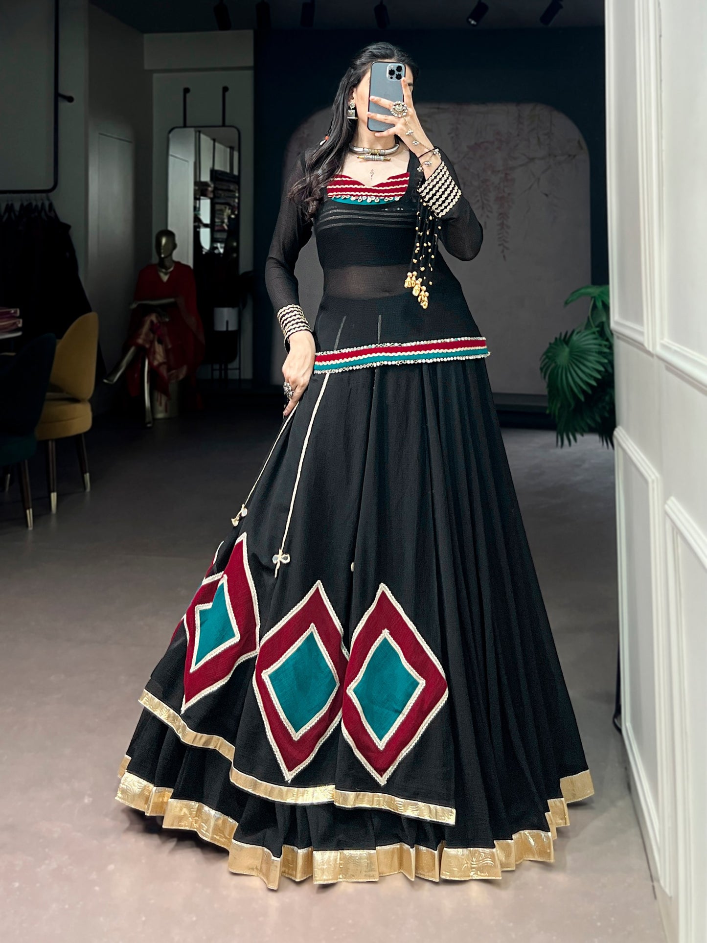 RangBhoomi Navratri 2026 Marble Fabric Festive Lehenga Set with Lace and Cowrie Bell Accents