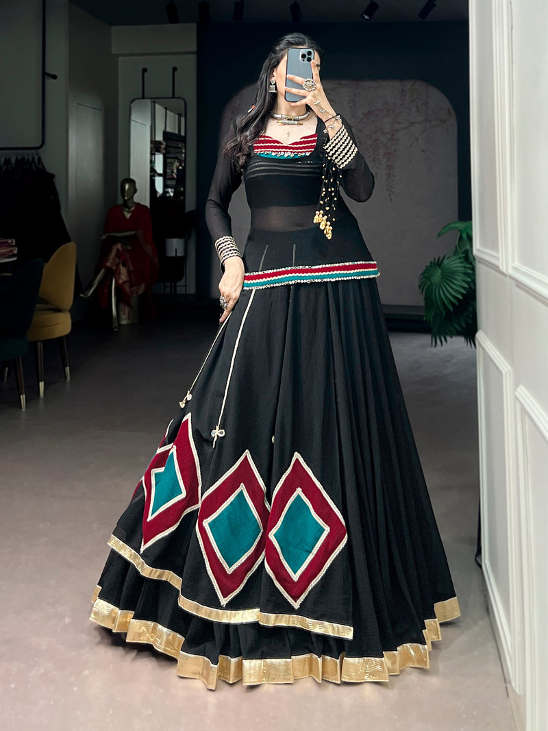 RangBhoomi Navratri 2026 Marble Fabric Festive Lehenga Set with Lace and Cowrie Bell Accents