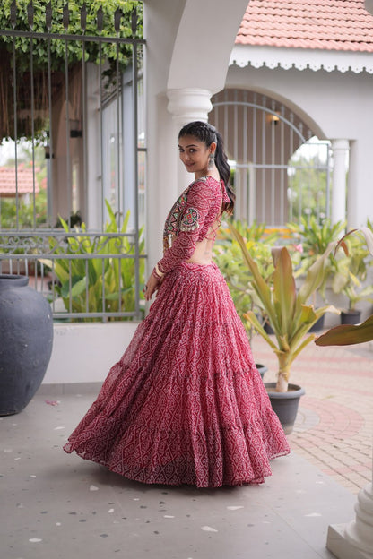 RangBhoomi Bandhni Faux Georgette Full-Stitched Lehenga Set with Designer Square Neck Blouse