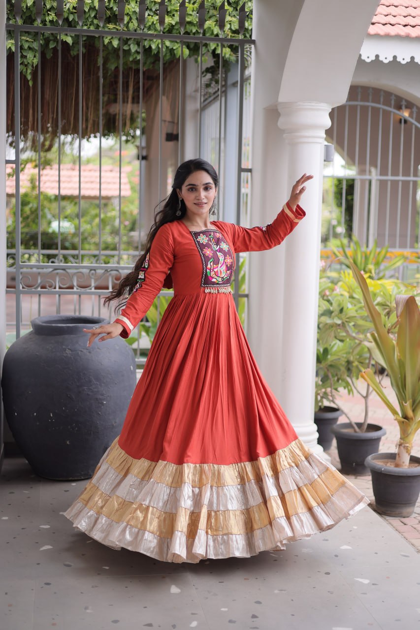 RangBhoomi Navratri Gown Collection 2026 — 14KG Rayon Kutchi Gamthi Thread Work, 12m Flair