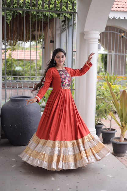 RangBhoomi Navratri Gown Collection 2026 — 14KG Rayon Kutchi Gamthi Thread Work, 12m Flair