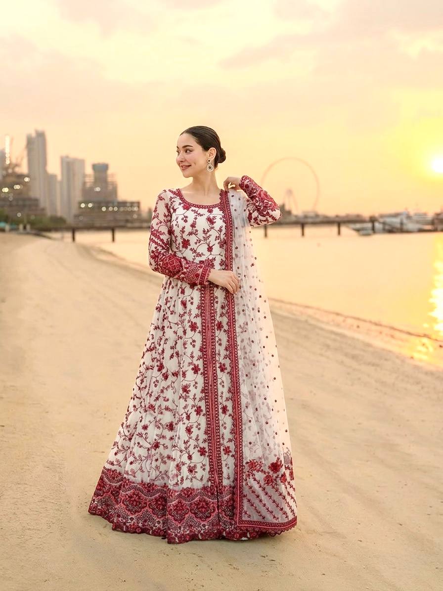 Elegant Party Wear Heavy Faux Georgette Gown with Organza Dupatta and Micro Cotton Bottom Set