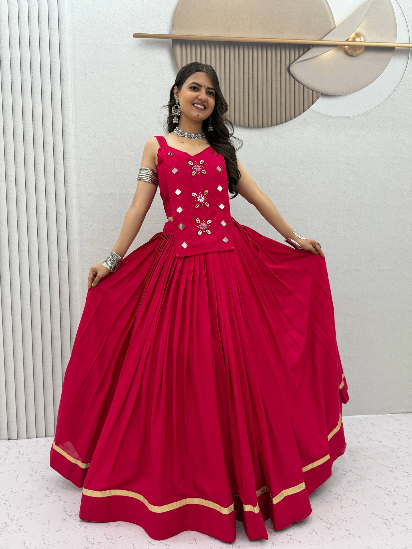 RangBhoomi Navratri Special Big Flair Lehenga Choli - Pure Cotton Handwork Mirror Embellished