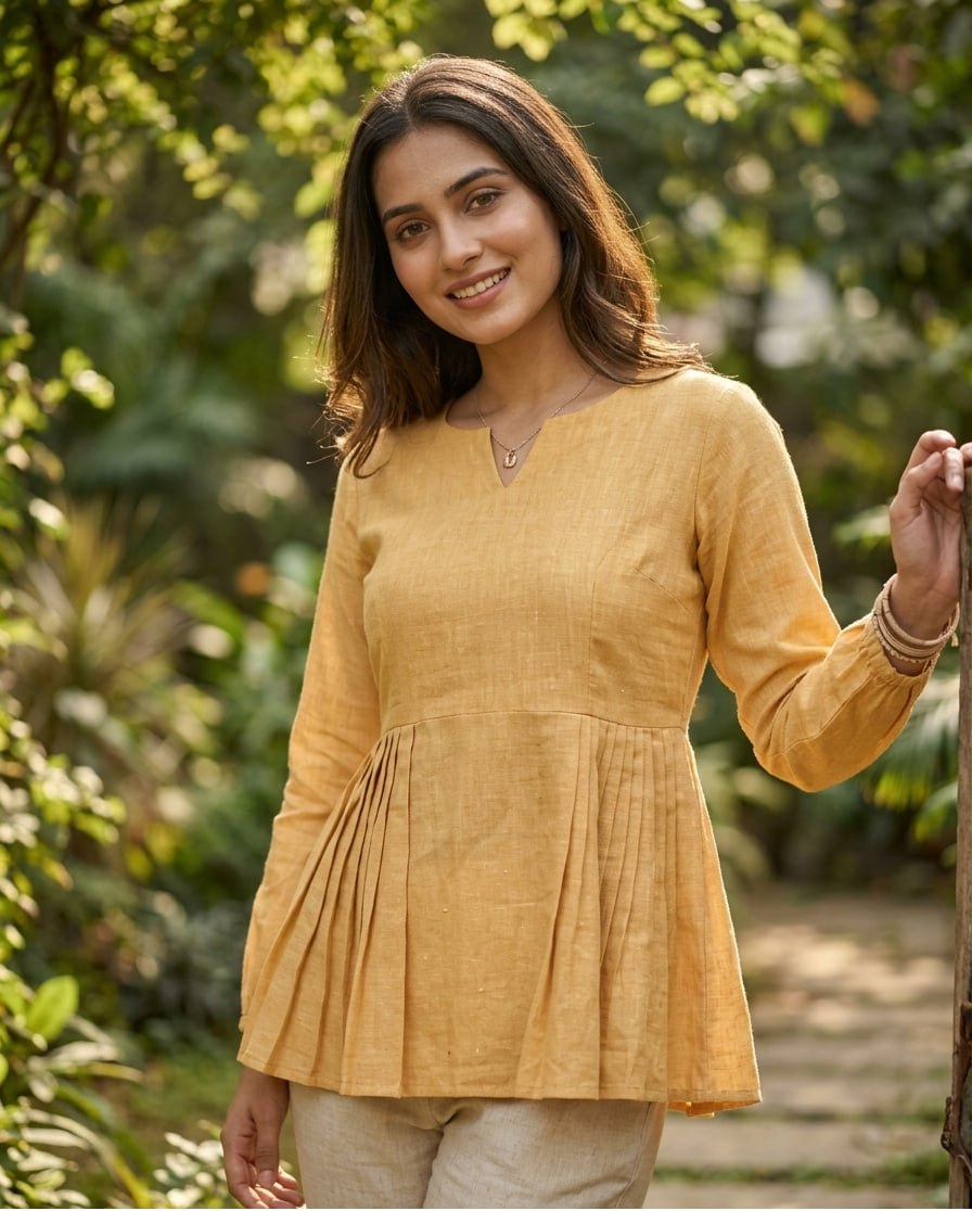 RangBhoomi Elegant Linen Cotton Top and Pant Set – Full-Sleeve Frill Stitch Top with Elastic Waist Pants in Parrot, Peach, and Yellow