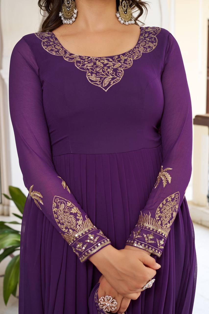 RangBhoomi Elegant SP Series Gown Set with Realistic Modeling - Faux Georgette & Microfiber Fabric, Thread and Sequence Embroidery