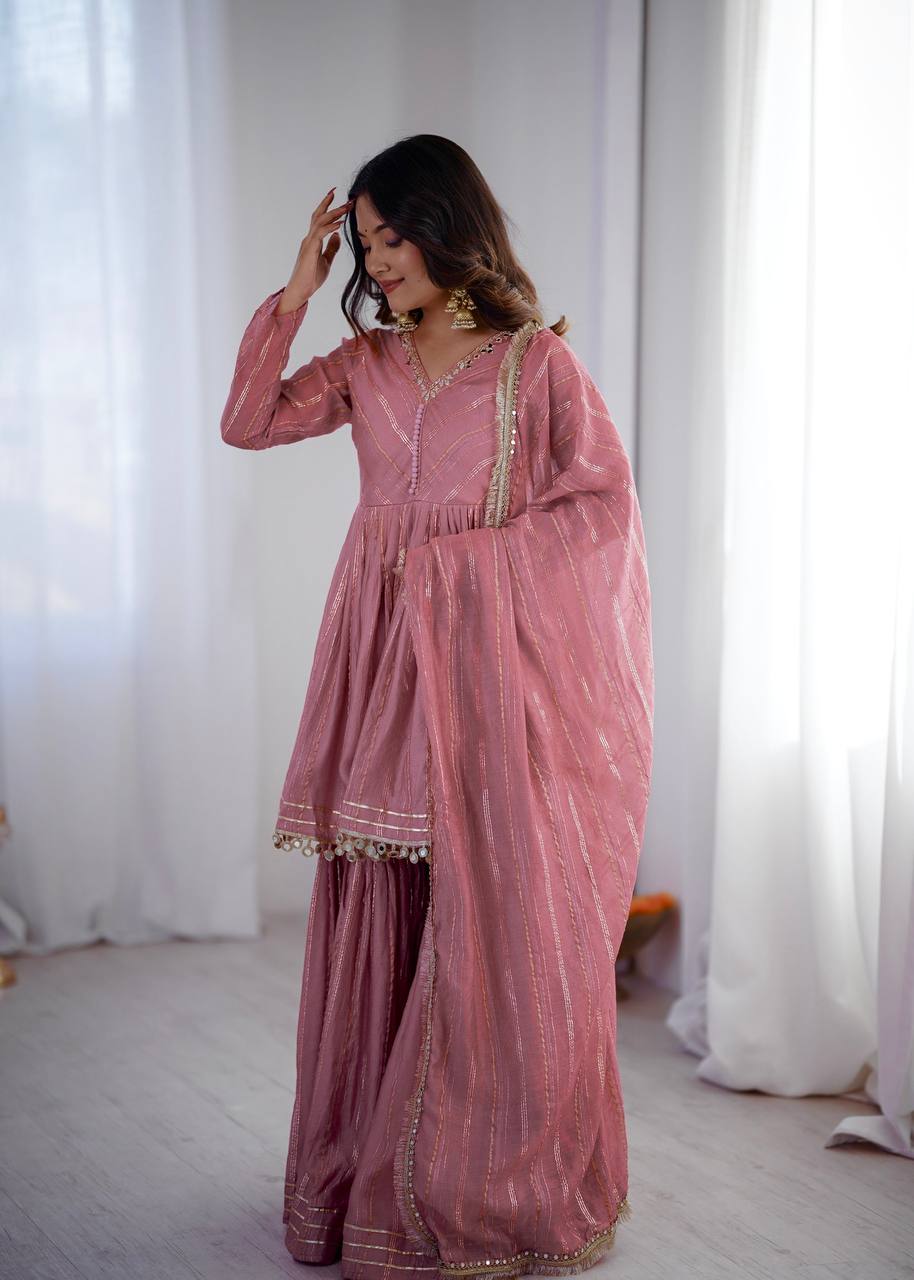 Elegant Women's Ethnic Ensemble with Real Mirror and Handwork – Ready-to-Wear Mal Chanderi Set with Sharara Palazzo and Mirror Lace Dupatta