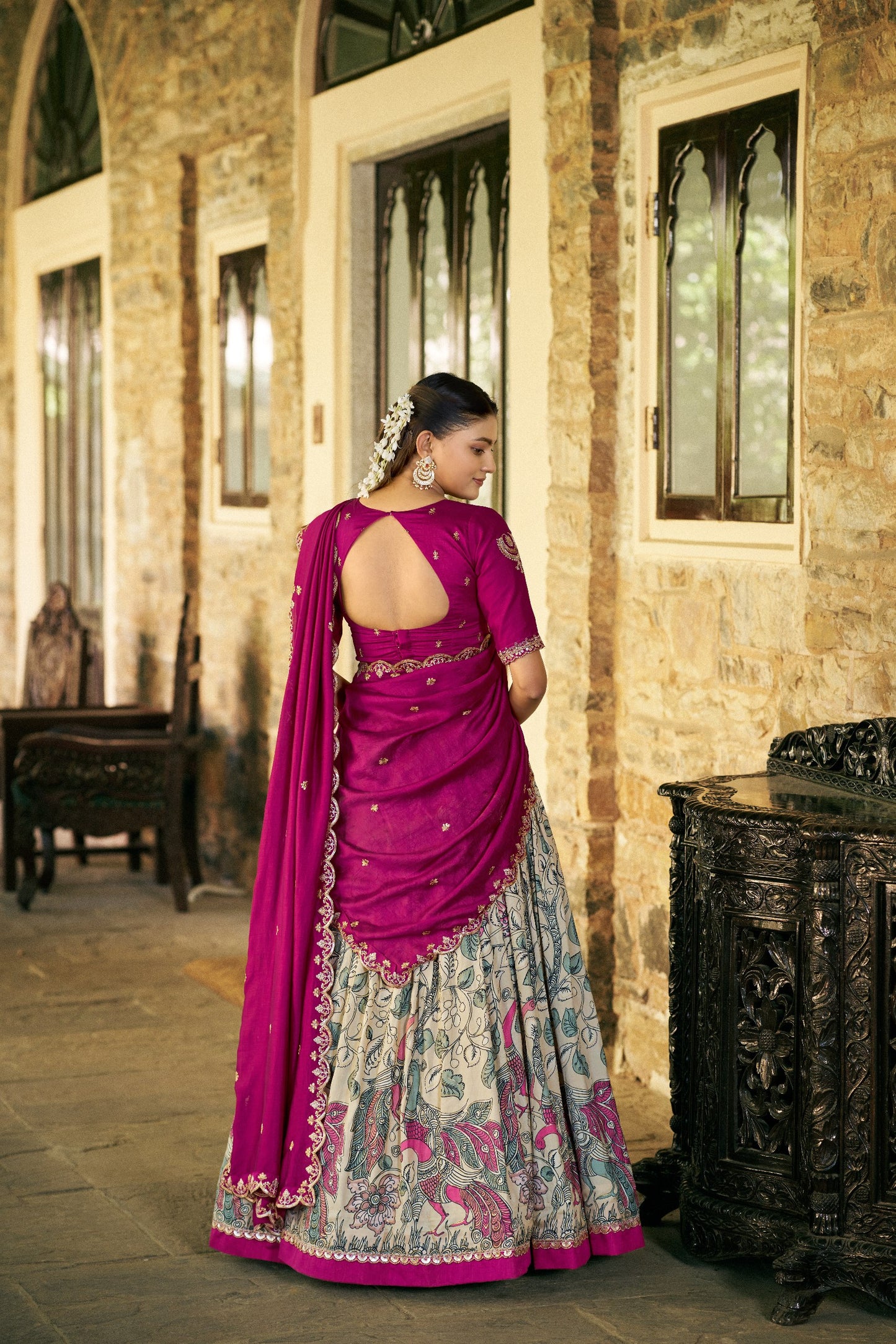 Elegant Kalamkari Silk Lehenga Set with Embroidered Dupatta for Festive and Traditional Occasions
