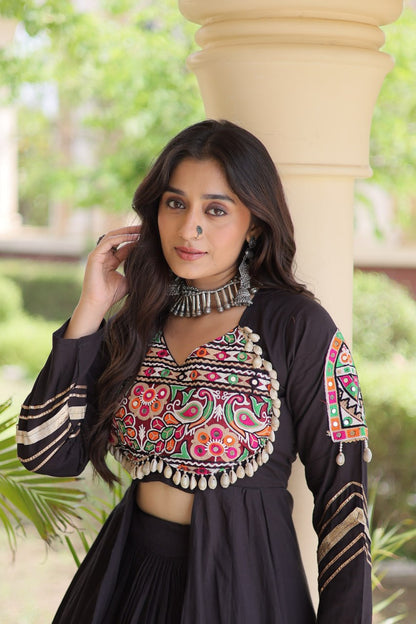 RangBhoomi Feather-Light Jacket Lehenga Set – Lotus Handwork, Long Jacket Ready-to-Wear
