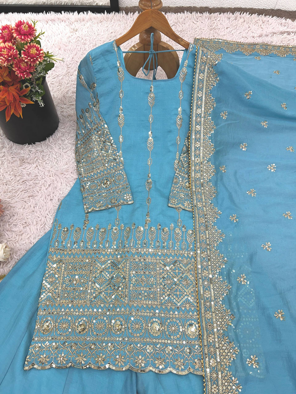RangBhoomi Heavy Vichitra Silk Embroidered Top, Sharara & Dupatta Set
