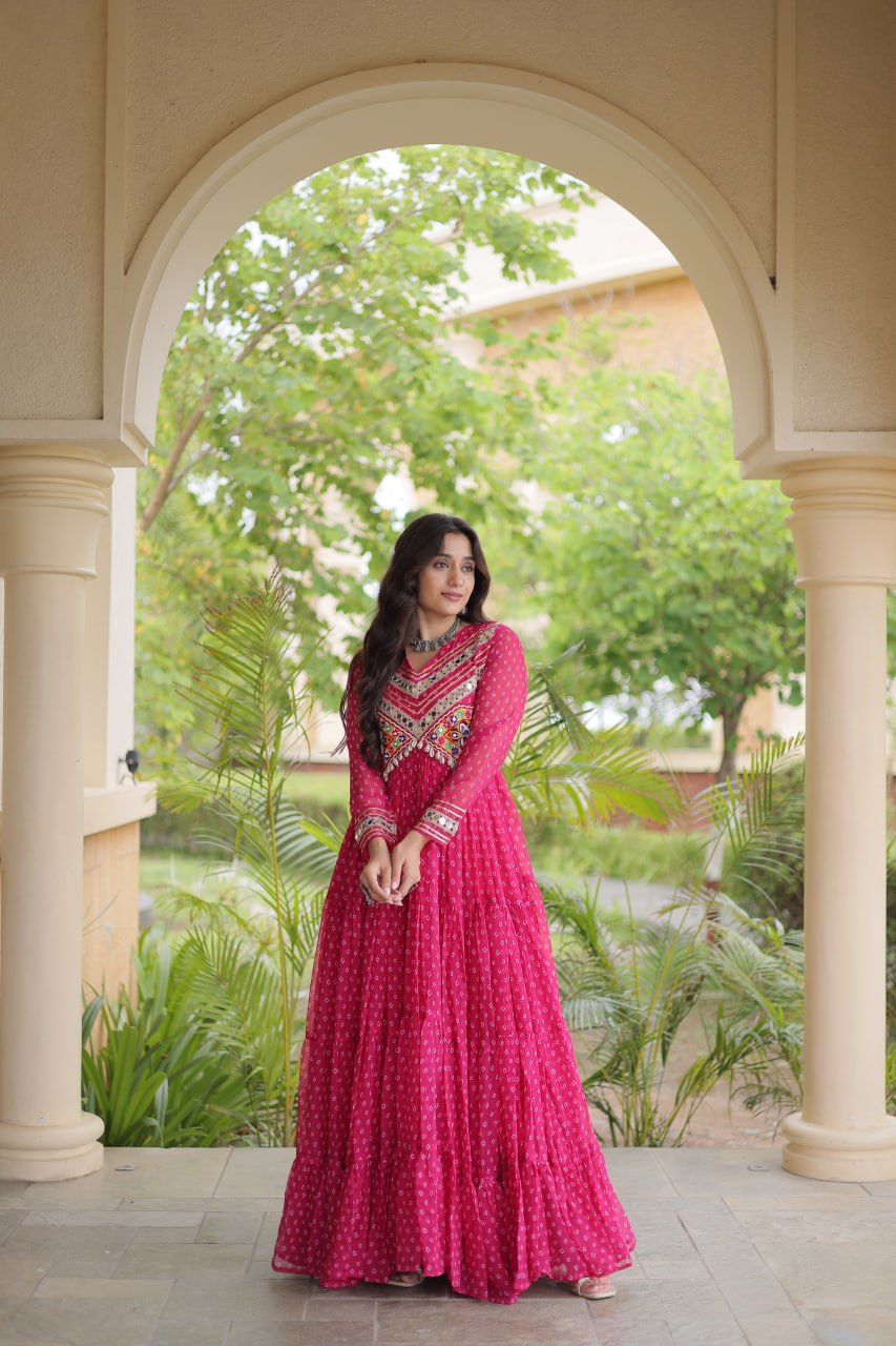 RangBhoomi Bandhani & Kutchi Patchwork Faux Georgette Gown — Navratri Special