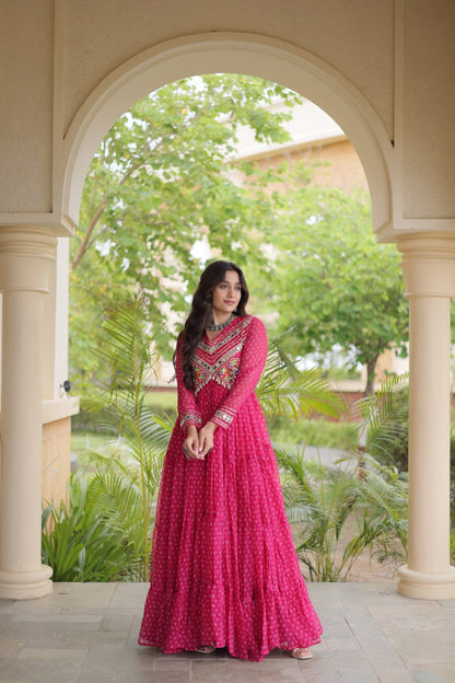 RangBhoomi Bandhani & Kutchi Patchwork Faux Georgette Gown — Navratri Special