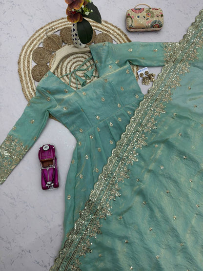 RangBhoomi Designer Embroidered Party Gown with Dupatta & Pant — Heavy Fandy Silk, 17 Colours