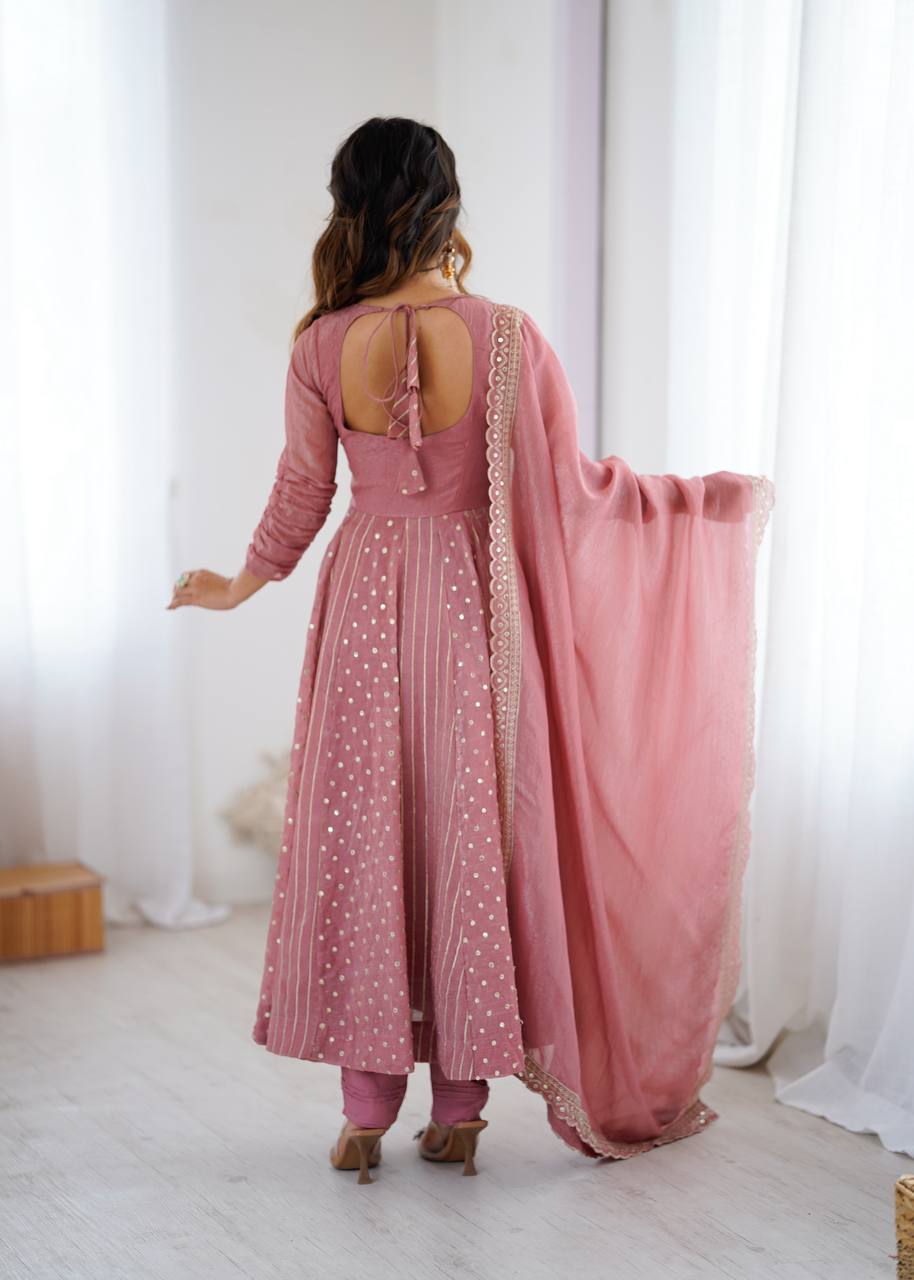 Festive Ready-to-Wear Fully Stitched Anarkali Gown Set with Embroidered Sequins and Lace-Trimmed Dupatta