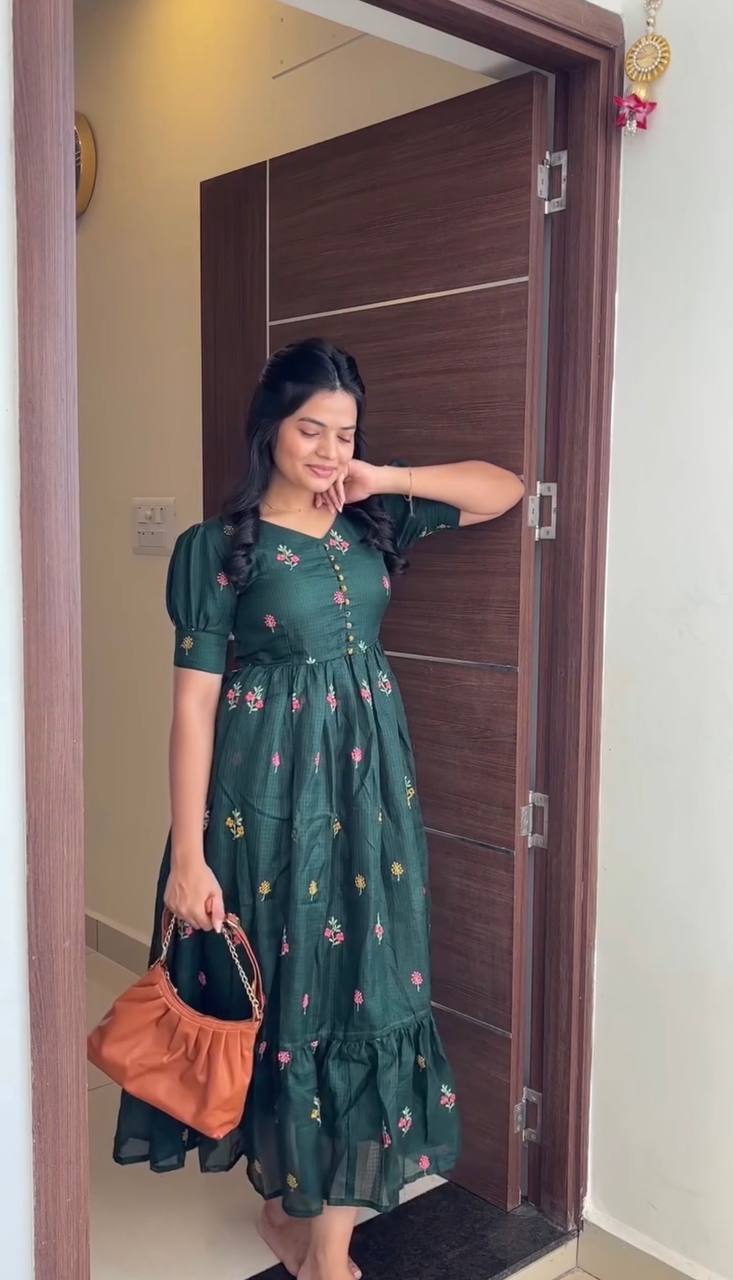 RangBhoomi Summer Floral Embroidered Kota Checks Midi Gown - Soft Kota, Micro Cotton Lining