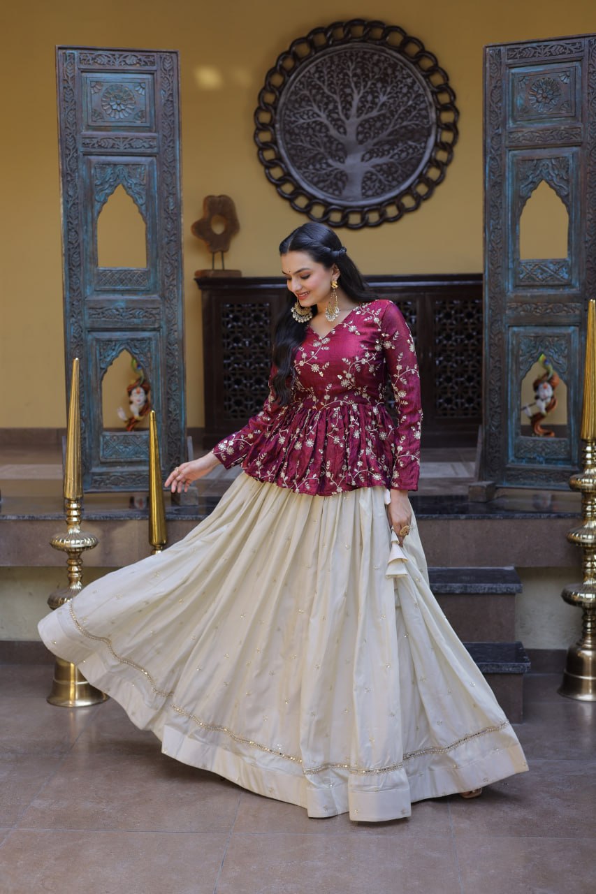 RangBhoomi Elegant Silk Embroidered Crop Top Set with Flared Lehenga and Sequined Detailing