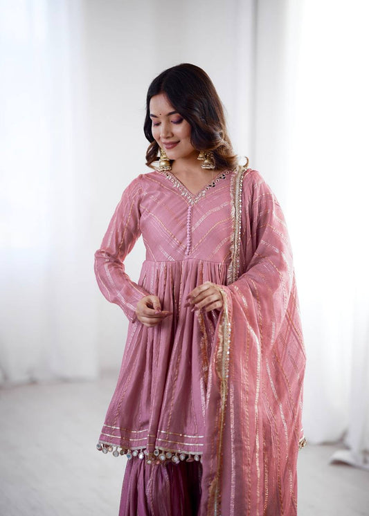 Elegant Women's Ethnic Ensemble with Real Mirror and Handwork – Ready-to-Wear Mal Chanderi Set with Sharara Palazzo and Mirror Lace Dupatta