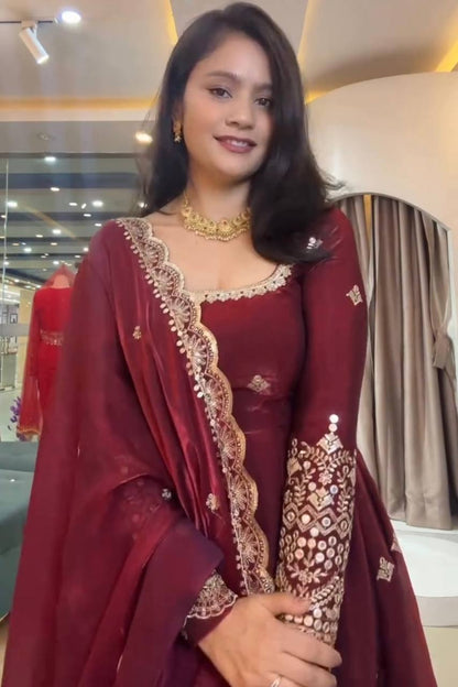 RangBhoomi Exclusive Designer Party Wear Collection – Elegant Two-Tone Silk Gown with Embroidery and Pearl Accents