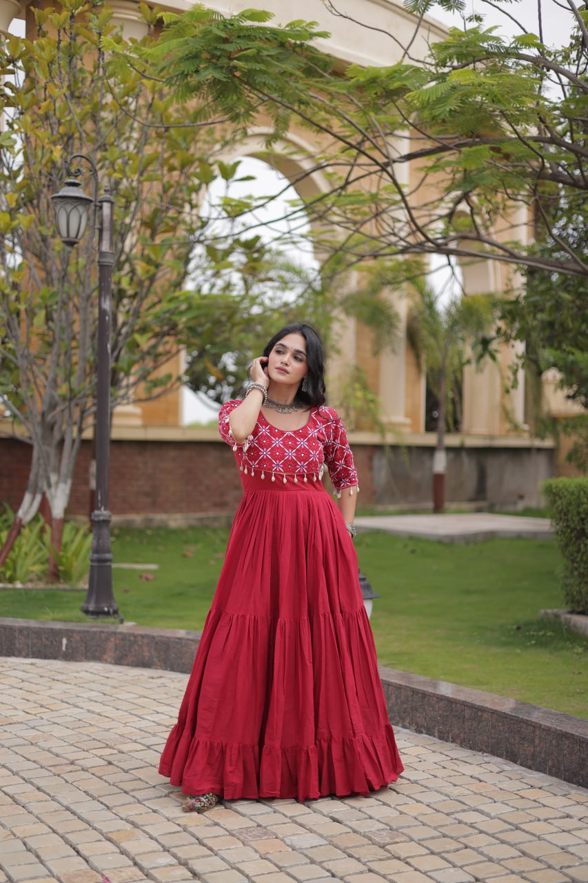 RangBhoomi Navratri Embroidered Kora Cotton Gown — 54" Length, Half Sleeve (Maroon / Black)
