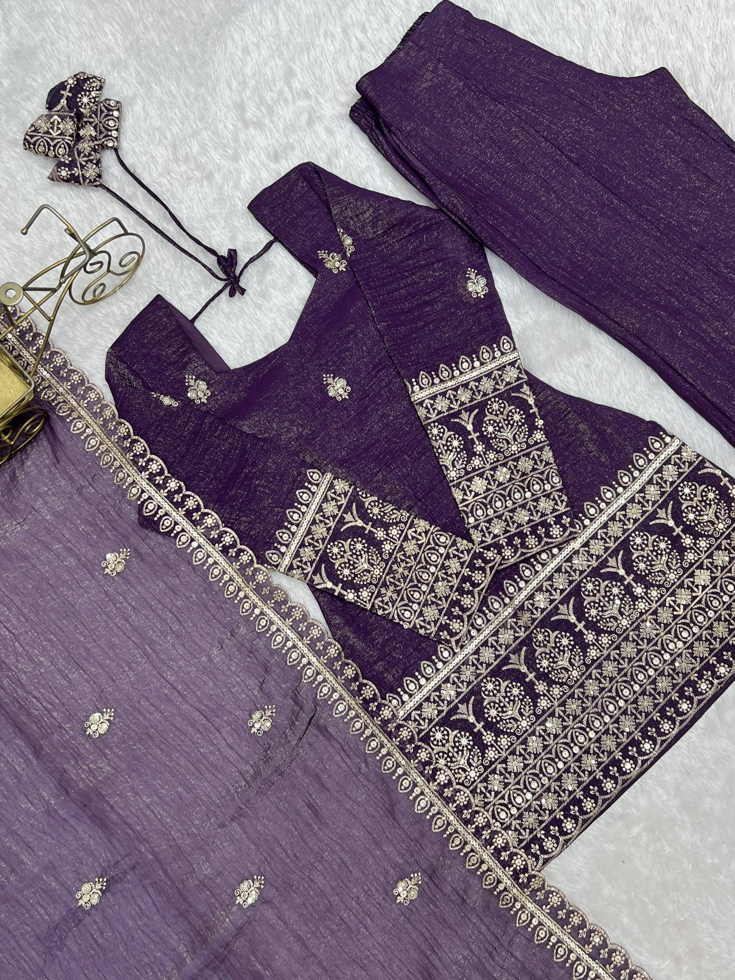 Elegant Ready-to-Wear Crunchy Silk Ensemble with Embroidered Sequences, Jari Detailing, Dupatta, and Bell-Bottom Pants