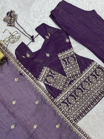 Elegant Ready-to-Wear Crunchy Silk Ensemble with Embroidered Sequences, Jari Detailing, Dupatta, and Bell-Bottom Pants