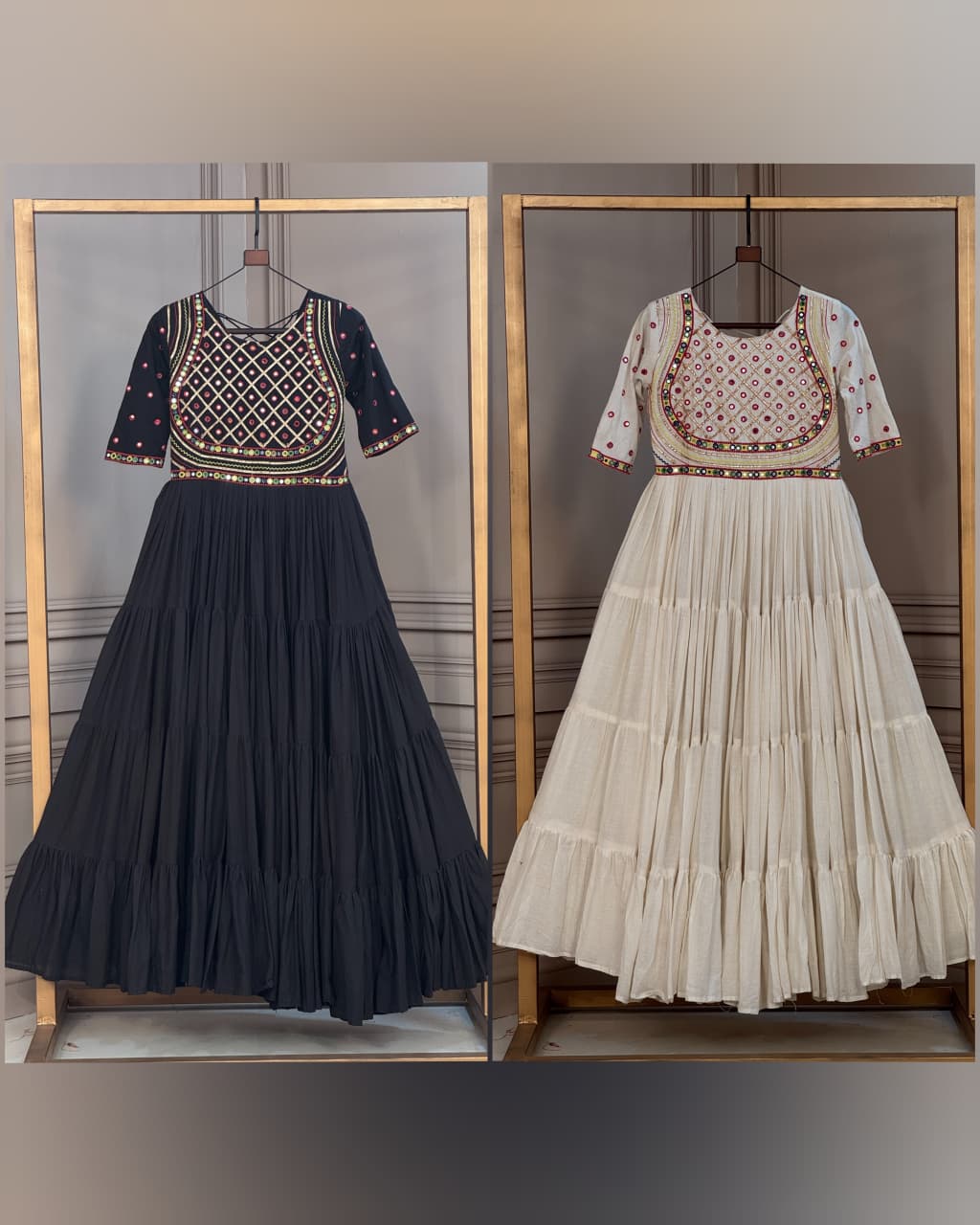 RangBhoomi Navratri Gown Collection 2026 - Off-White & Black Kora Cotton Embroidered Gown