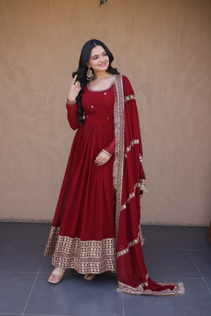 RangBhoomi Festive Faux Blooming Gown with Embroidered Dupatta - Rama & Maroon