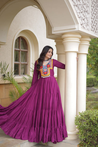RangBhoomi Navratri Gown Collection 2026 — Wine, Rama & White Embroidered Mirror Work Gown