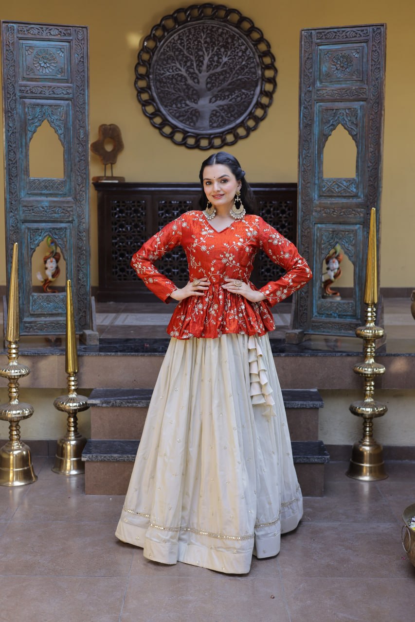 RangBhoomi Elegant Silk Embroidered Crop Top Set with Flared Lehenga and Sequined Detailing