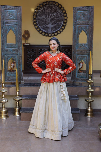 RangBhoomi Elegant Silk Embroidered Crop Top Set with Flared Lehenga and Sequined Detailing